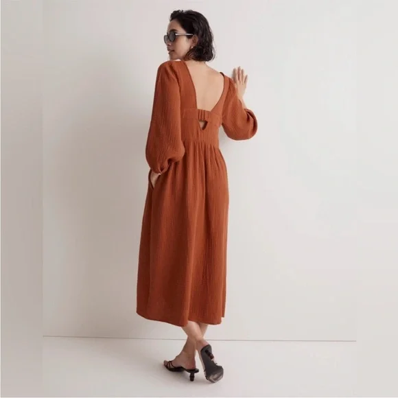 Madewell Lightspun Burnt Clay Orange Midi Dress Sz M New with Tags - Picture 2 of 13